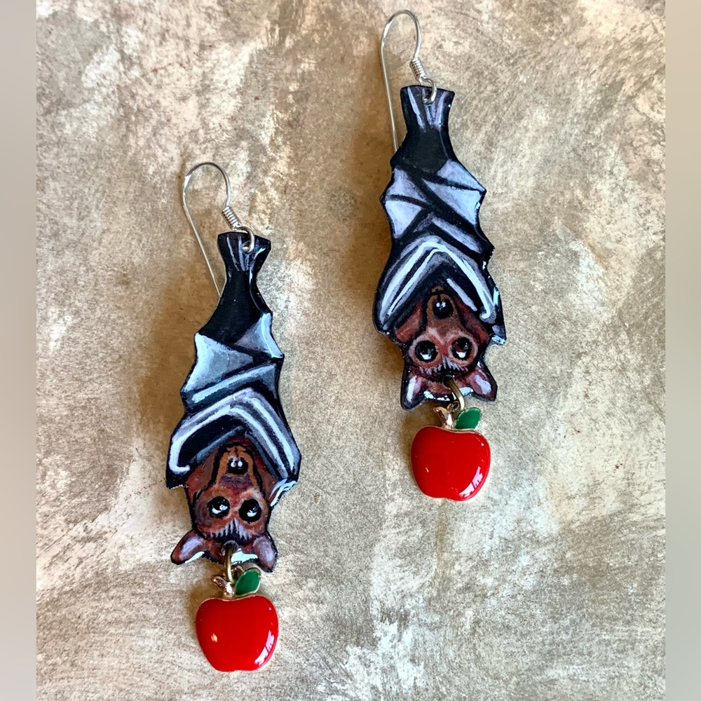 Handpainted, fruit bats, earrings, sterling wires, wildlife jewelry, OOAK